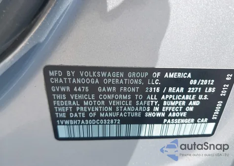 2013 Volkswagen Passat 2.5L Se z USA, uszkodzony, nr VIN 1VWBH7A30DC032872